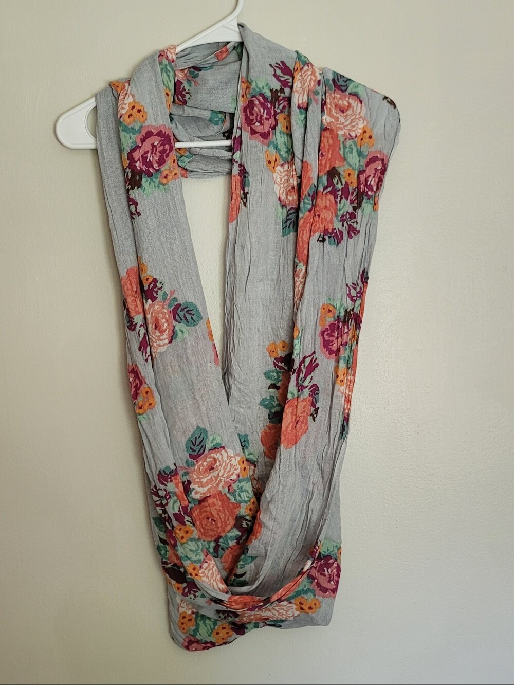 Source Unknown Gray Floral Infinity Scarf with Coral & Teal Accents